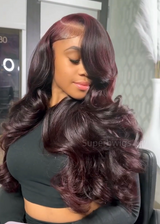 13x4 Transparent Lace Front Pre-plucked Hairline Dark Burgundy Wig -  Body Wave Side Parting