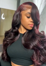 13x4 Transparent Lace Front Pre-plucked Hairline Dark Burgundy Wig -  Body Wave Side Parting