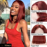 2x6 Transparent Lace Middle Part Closure Burgundy Color Human Hair Bob Wig - Straight