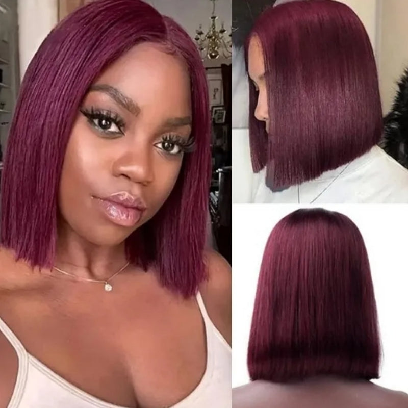 2x6 Transparent Lace Middle Part Closure Burgundy Color Human Hair Bob Wig - Straight