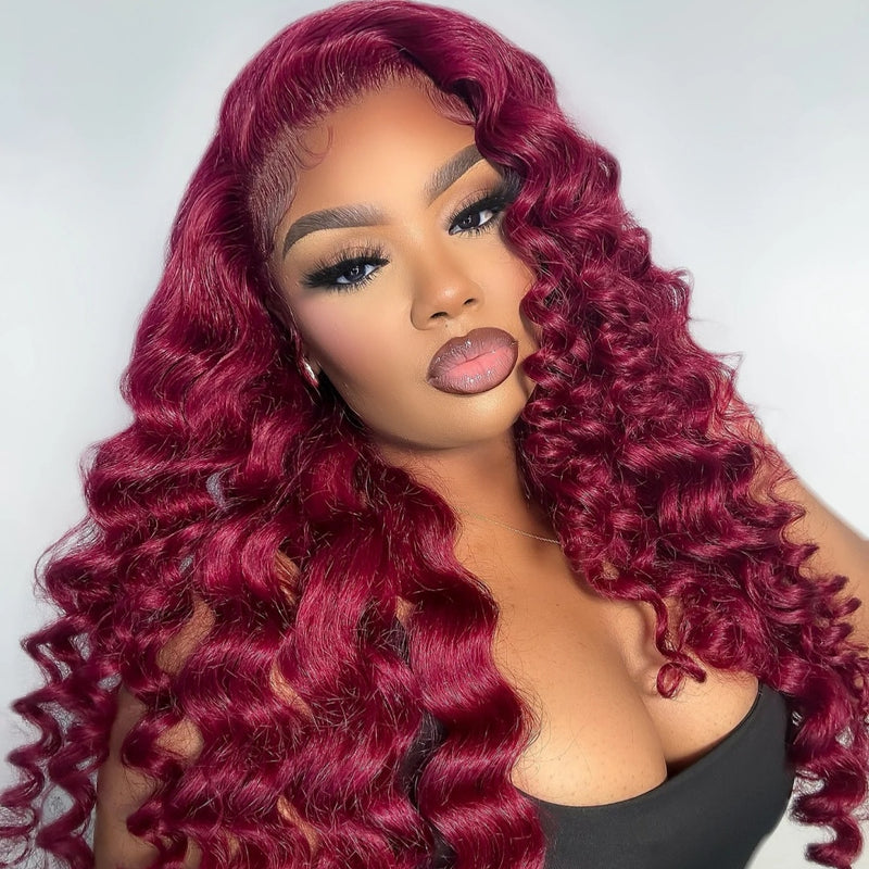 【Flash Sale】13x4/13x6 Transparent Lace Front Pre-plucked Hairline 250% Density Burgundy Color Wig - Loose Wave