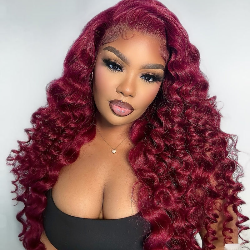 【Flash Sale】13x4/13x6 Transparent Lace Front Pre-plucked Hairline 250% Density Burgundy Color Wig - Loose Wave