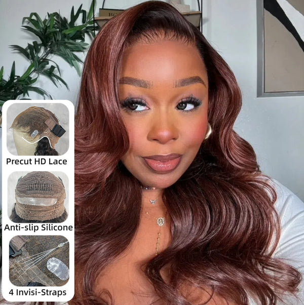 【Upgraded】PreCut 4-Line Invisible Strap 360 HD Lace Ombre Ginger Color Wig - Body Wave