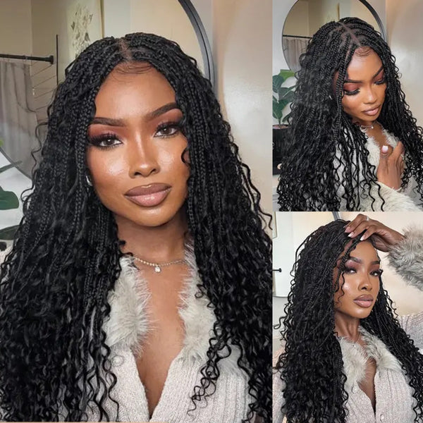 "Fitted Cap" Full Lace Knotless Braided Wig with Invisible Strap - Boho Curls