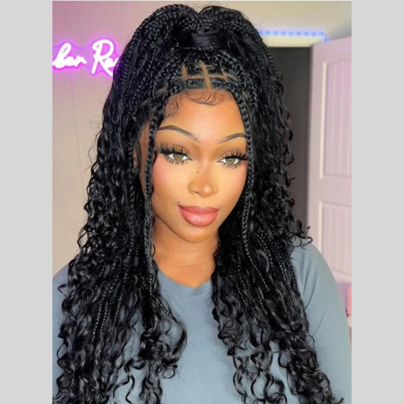 "Fitted Cap" Full Lace Knotless Braided Wig with Invisible Strap - Boho Curls