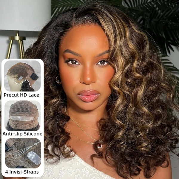 【Upgraded】PreCut 4-Line Invisible Strap 360 HD Lace Highlight Color Wig - Kinky Wave