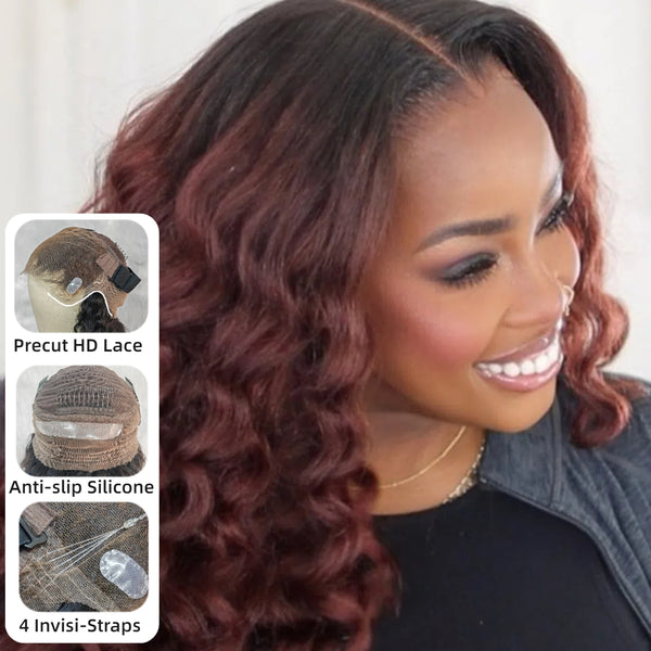 【Upgraded】PreCut 4-Line Invisible Strap 360 HD Lace Cinnamon Mocha Ombre  Color Wig - Kinky Wand Curl