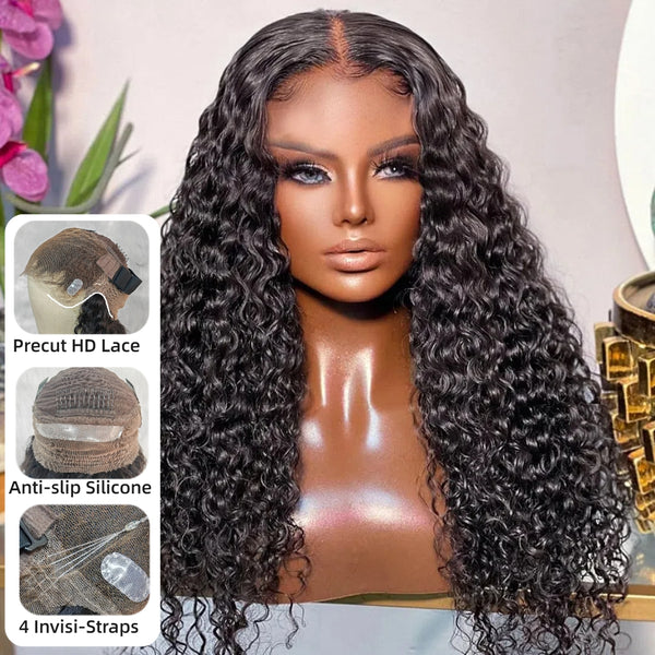 【Upgraded】PreCut 4-Line Invisible Strap 360 HD Lace Wig - Water Curl