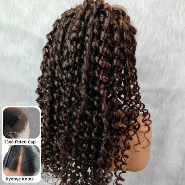 Bye~Bye~KNOTS HD Lace 13x6 Fitted Cap Ear Tap Brown Color 4C Edge Wig - Spanish Bouncy Curl