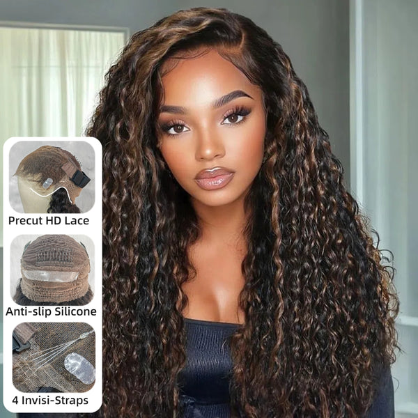 【Upgraded】PreCut 4-Line Invisible Strap 360 HD Lace Golden Brown Highlight Color Wig - Water Wave