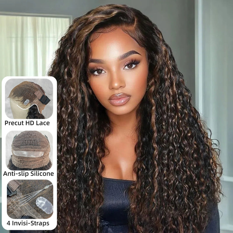 【Upgraded】PreCut 4-Line Invisible Strap 360 HD Lace Golden Brown Highlight Color Wig - Water Wave