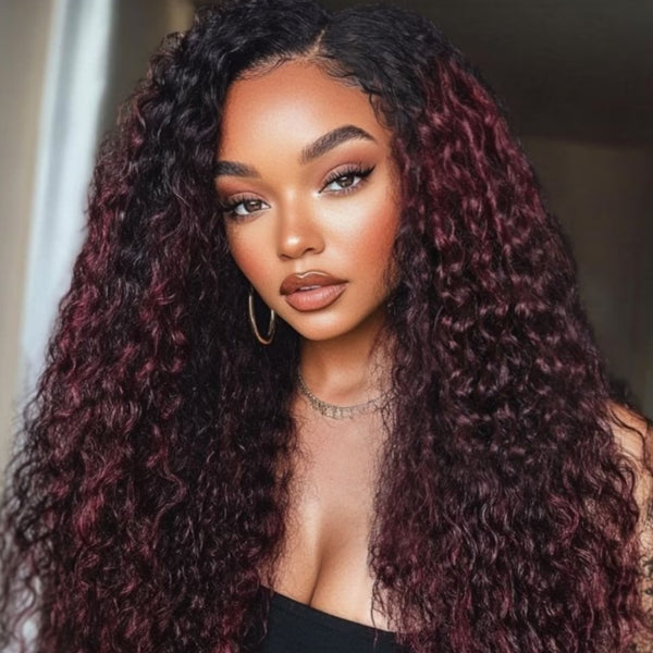 【Flash Sale】4x4/13x4 Transparent Lace Front 250% Density Black Cherry Ombre Color Wig - Water Wave