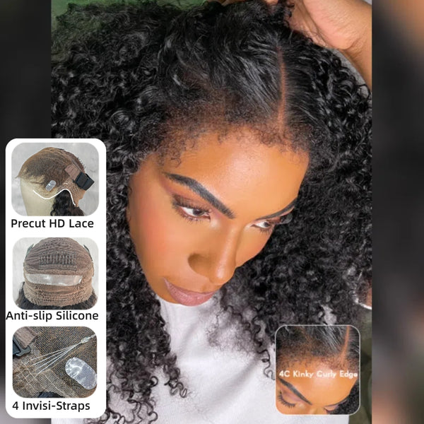 【Upgraded】PreCut 4-Line Invisible Strap 360 HD Lace Wig - Jerry Curlly with 4C Kinky Edge