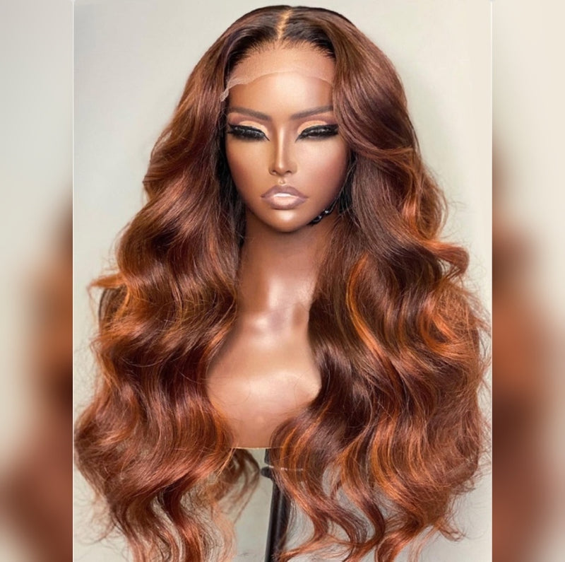 【Upgraded】PreCut 4-Line Invisible Strap 360 HD Lace Auburn Brown with Ginger Highlight Color Wig - Body Wave Wavy