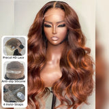 【Upgraded】PreCut 4-Line Invisible Strap 360 HD Lace Auburn Brown with Ginger Highlight Color Wig - Body Wave Wavy