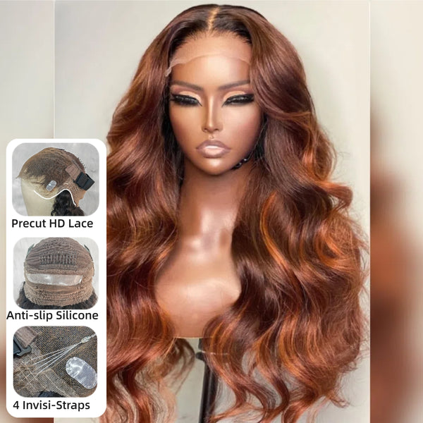 【Upgraded】PreCut 4-Line Invisible Strap 360 HD Lace Auburn Brown with Ginger Highlight Color Wig - Body Wave Wavy