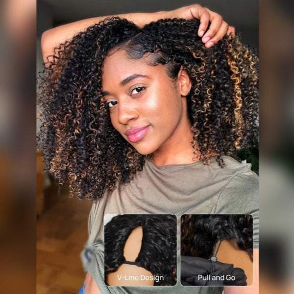 Upgraded EasiContour V-Part Glueless Highlight Color Wig With New Drawcord - Kinky Curly