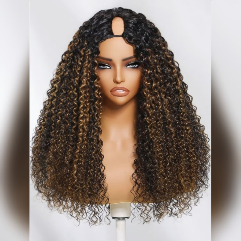 Upgraded EasiContour V-Part Glueless Highlight Color Wig With New Drawcord - Kinky Curly