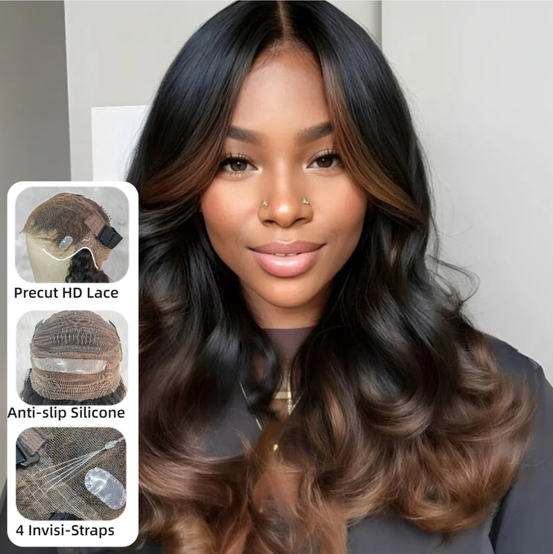 【Upgraded】PreCut 4-Line Invisible Strap 360 HD Lace Highlight Color Wig - Body Wave Wavy