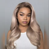 13x4/13x6 Transparent Lace Front Pre-plucked Ash Blonde with Dark Roots Ombre Color Human Hair Wig -  Wavy