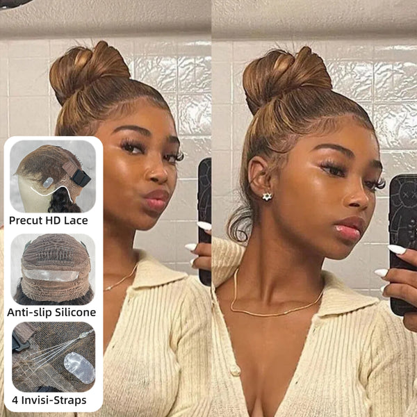 【Upgraded】PreCut 4-Line Invisible Strap 360 HD Lace Highlight Color Wig - Straight