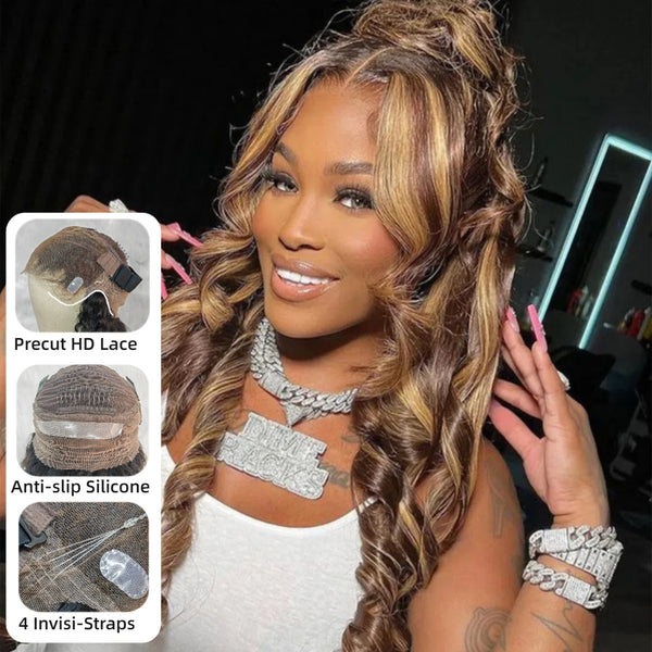 【Upgraded】PreCut 4-Line Invisible Strap 360 HD Lace Highlight Color Wig - Body Wave