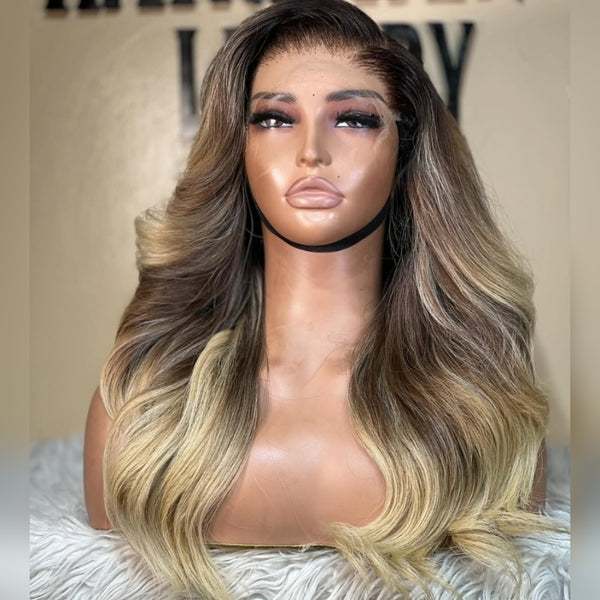 13x4/13x6 Transparent Lace Front Pre-plucked Hairline Ombre Highlight Color Human Hair Wig -  Body Wave Wavy