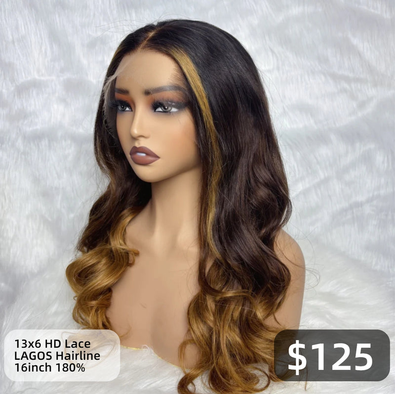 【Solo-Piece】"LAGOS" M-Shaped HAIRLINE 13x6 HD Lace Front Ombre Brown Highlght Color Wig - Body Wave