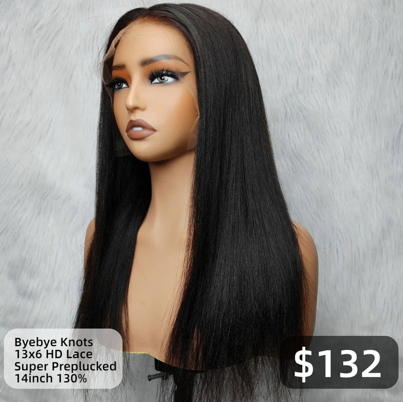 【Solo-Piece】"BYEBYE KNOTS" 13x6 Full Frontal HD Lace Upgraded Preplucked 14inch 130%Wig - Light Yaki Straight