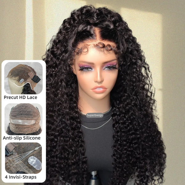 【Upgraded】PreCut 4-Line Invisible Strap 360 HD Lace Wig - Water Curl with Curly Edge