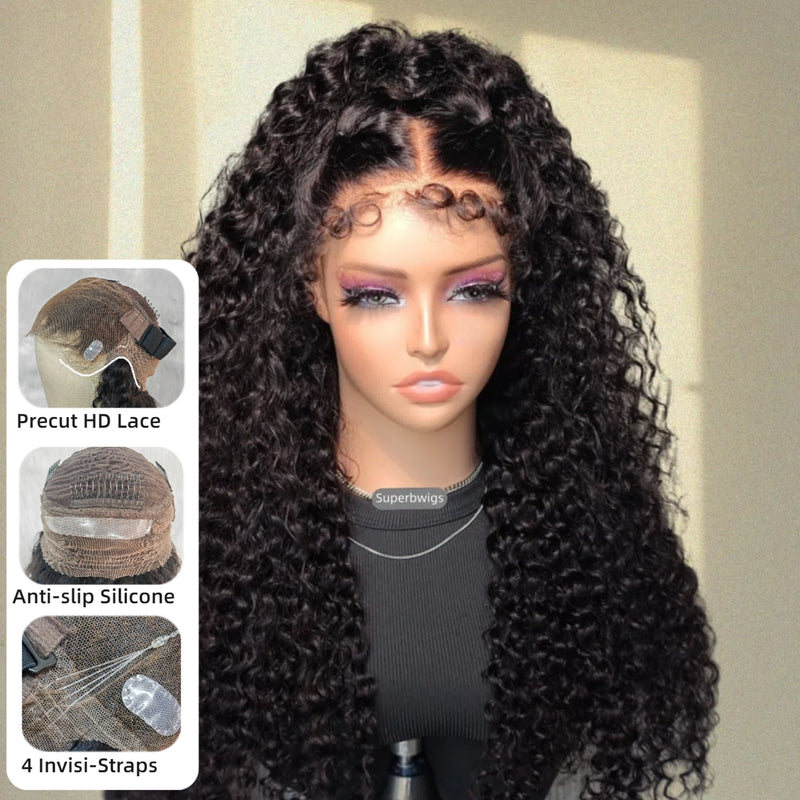 【Upgraded】PreCut 4-Line Invisible Strap 360 HD Lace Wig - Water Curl with Curly Edge