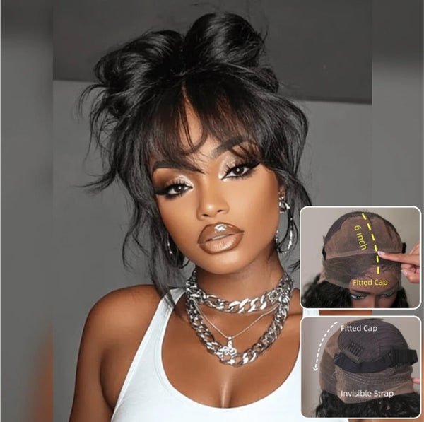 "370 Fitted Cap" HD LACE FRONT WIG WITH Invisible Strap - Body Wave Wavy with Bang