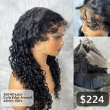 【Solo-Piece】Invisible Strap 360 HD Lace 24inch 180%Wig - Water Wave with Curly Edge