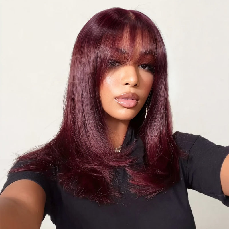 5x5/13x6 Transparent Lace Front Preplucked Burgundy Color Wig - Straight With Bang