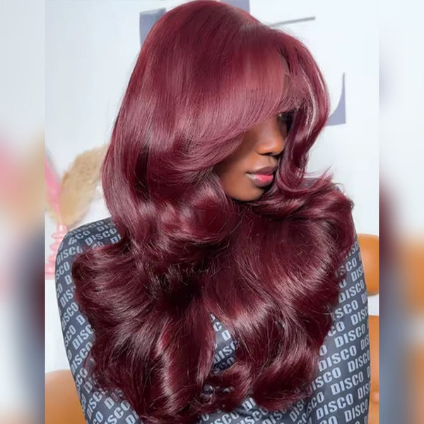 5x5/13x6 Transparent Lace Front Preplucked Burgundy Color Face-Framing Curtain Bangs Wig - Body Wave Wavy