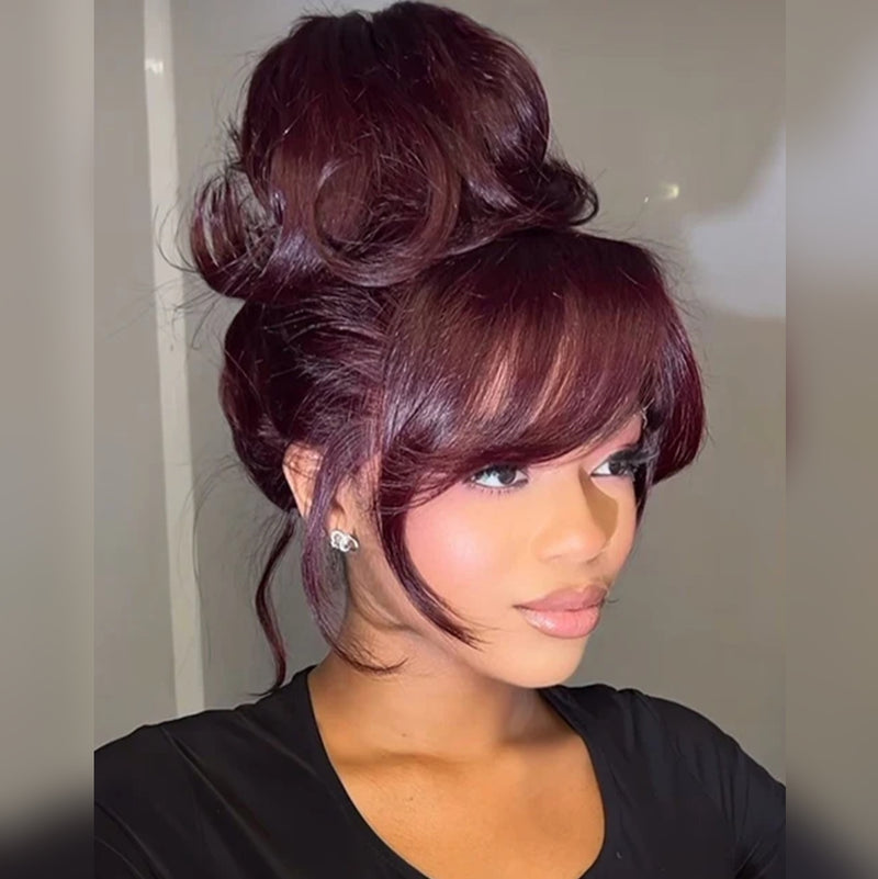 5x5/13x6 Transparent Lace Front Preplucked Burgundy Color Face-Framing Curtain Bangs Wig - Body Wave Wavy