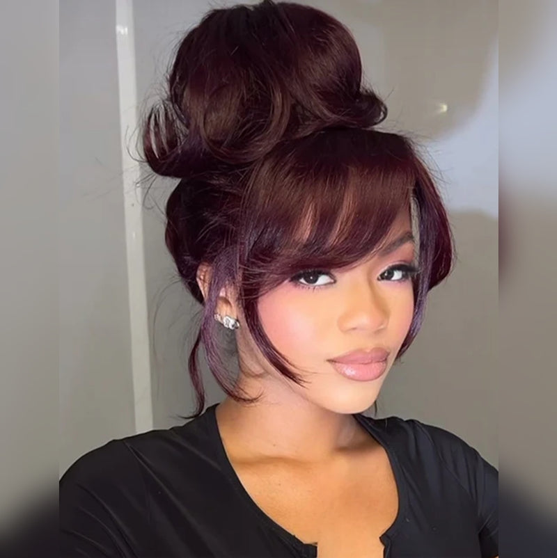 5x5/13x6 Transparent Lace Front Preplucked Burgundy Color Face-Framing Curtain Bangs Wig - Body Wave Wavy