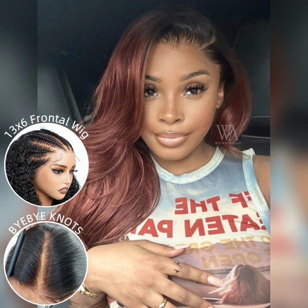 Bye~Bye~KNOTS HD Lace 13x6 Frontal Upgraded Hairline Ombre Chestnut Red Color Wig - Body Wave Wavy
