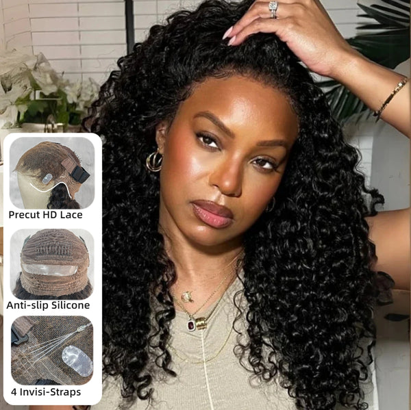 【Upgraded】PreCut 4-Line Invisible Strap 360 HD Lace Wig - Deep Curly