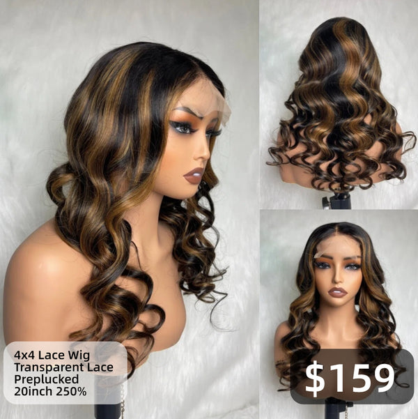 【Solo-Piece】4x4 Transparent Lace Preplucked 20inch 250% Highlight Color Wig - Body Wave Wavy