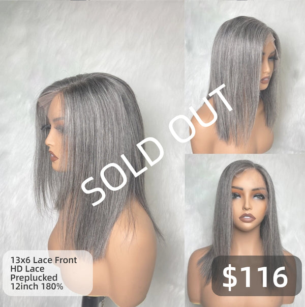 【Solo-Piece】13x6 HD Lace Preplucked 12inch 180% Salt and Pepper Color Wig - BOB Straight