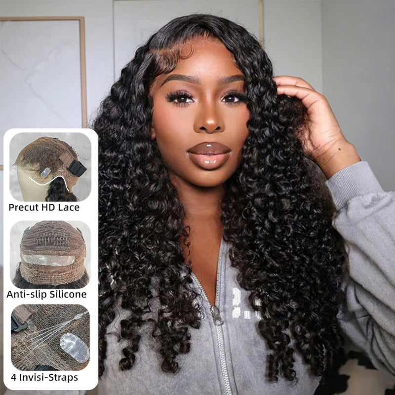 【Upgraded】PreCut 4-Line Invisible Strap 360 HD Lace Wig - Burmese Curly with Spiral Curl Ends
