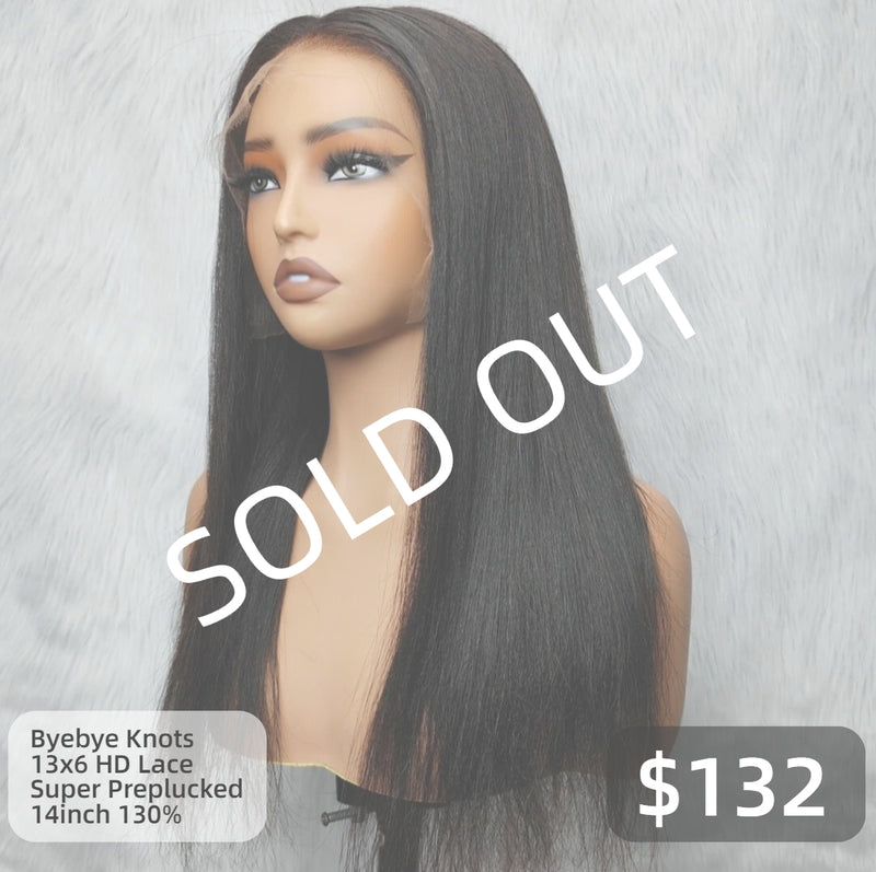 【Solo-Piece】"BYEBYE KNOTS" 13x6 Full Frontal HD Lace Upgraded Preplucked 14inch 130%Wig - Light Yaki Straight