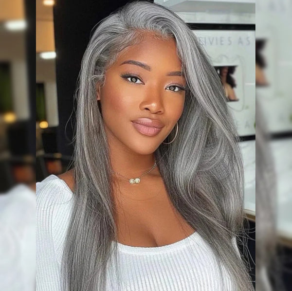 5x5/13x4 Transparent Lace Front Pre-plucked Salt and Pepper Gray Color Wig - Straight