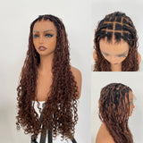 "Fitted Cap" Full Lace Knotless Braided Brown Color Natural Black Root Wig with Invisible Strap - Boho Curls
