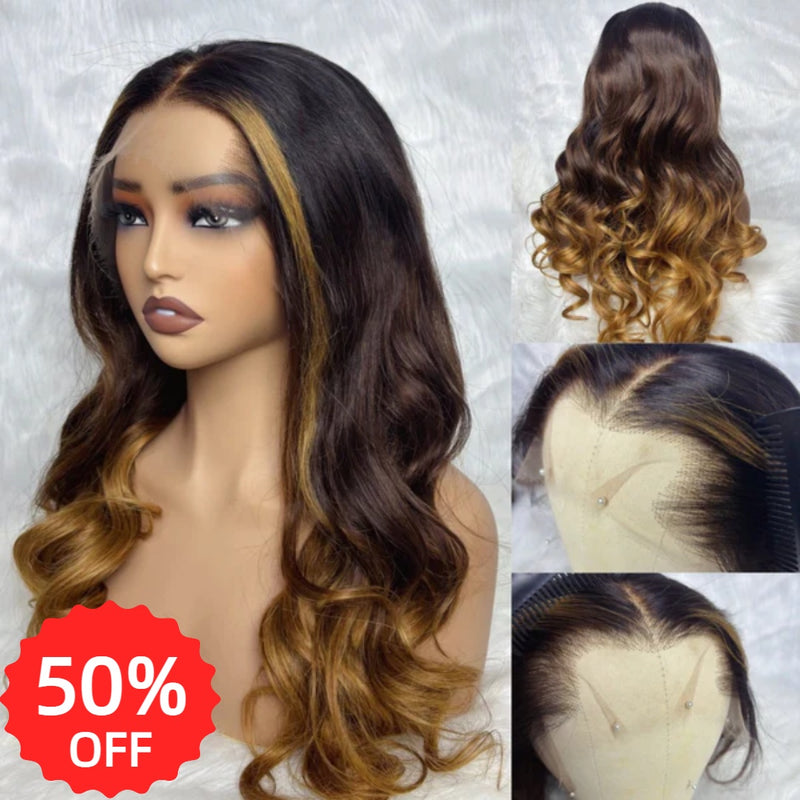 $125【Solo-Piece】"LAGOS" M-Shaped HAIRLINE 13x6 HD Lace Front Ombre Brown Highlght Color Wig - Body Wave