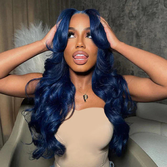 13x4/13x6 Transparent Lace Pre-plucked Hairline 150%180% Dark Blue Color Wig - Body Wave with Curtain Bang