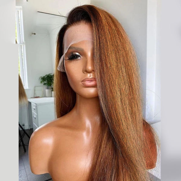 Bye~Bye~KNOTS HD Swiss Lace 13x6 Frontal Upgraded Hairline Ombre Honey Brown Yaki Straight Wig