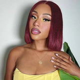 2x6 Transparent Lace Middle Part Closure Burgundy Color Human Hair Bob Wig - Straight