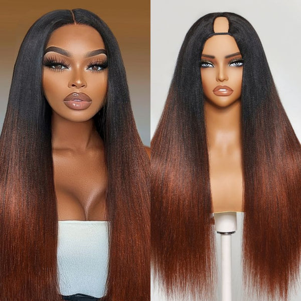Upgraded EasiContour V-Part Glueless Reddish Brown Ombre Color Wig With New Drawcord - Light Yaki Straight